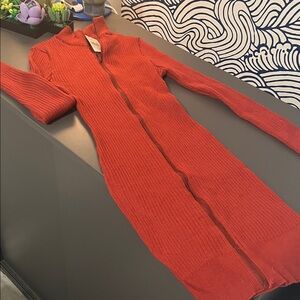NWT New Look Rust Ribbed Zip-Up Long Sleeve Dress